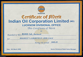 Certificate of Merrit for Highest Percent Growth in HSD Sale -During The Period - 2008 - 09 - Lucknow