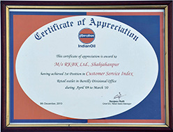 Certificate of Appriciation -Achieved 1st Position in Customer Service Index Retail Outlet in Bareilly Divisional Office During April - 2009  to March - 2010