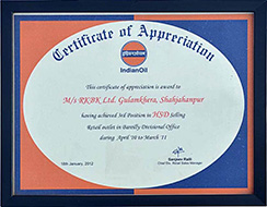 Certificate of Appriciation -Achieved 3rd Position in HSD Selling Retail Outlet in Bareilly Divisional Office During April - 2010 to March - 2011